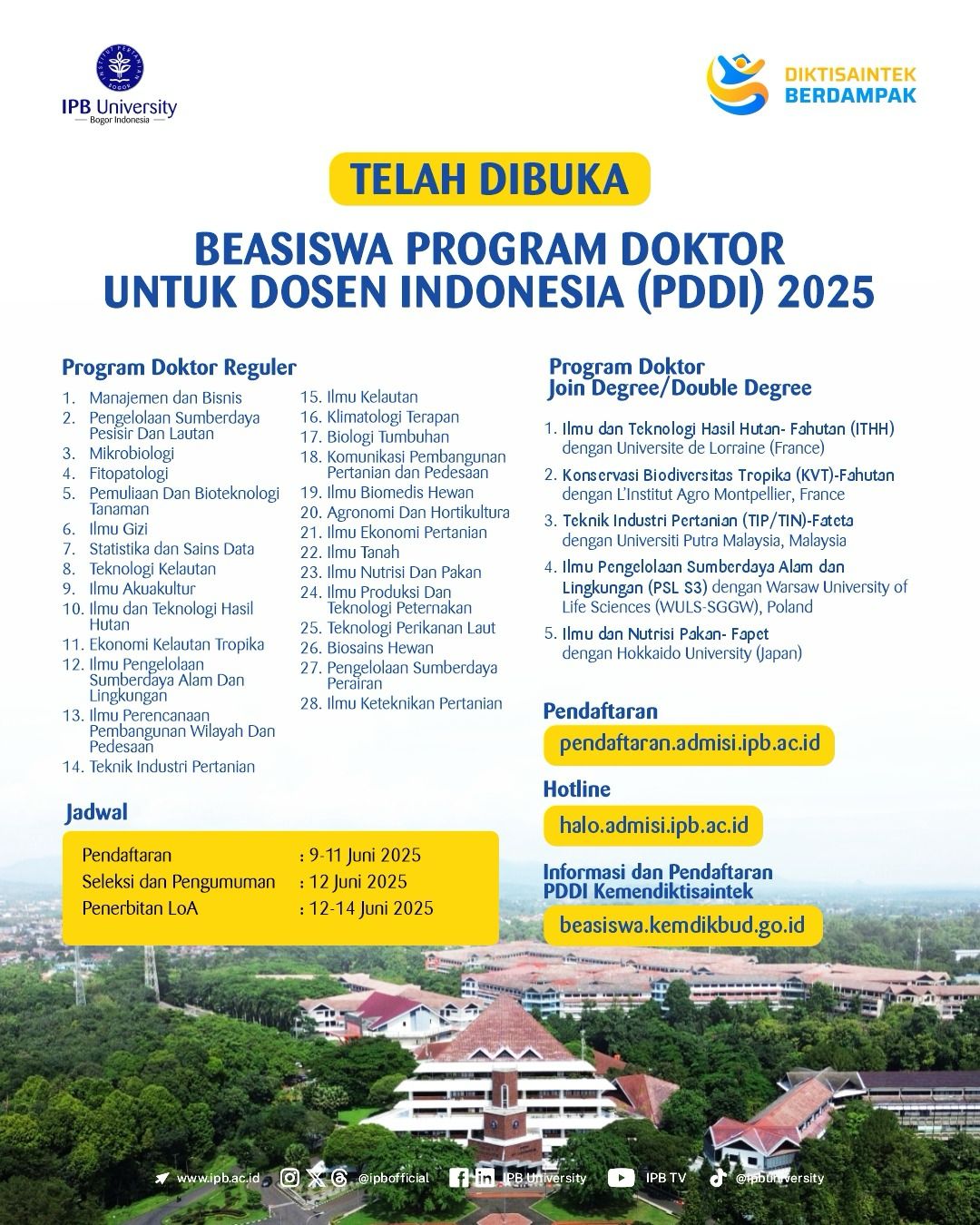 IPB University Buka Pendaftaran Beasiswa Program Doktor untuk Dosen Indonesia (PDDI) 2025